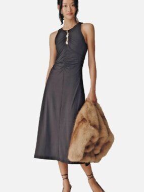 NWT ANTHROPOLOGIE Black Sleeveless Hardware Ruched Midi Dress XL Retails $158.